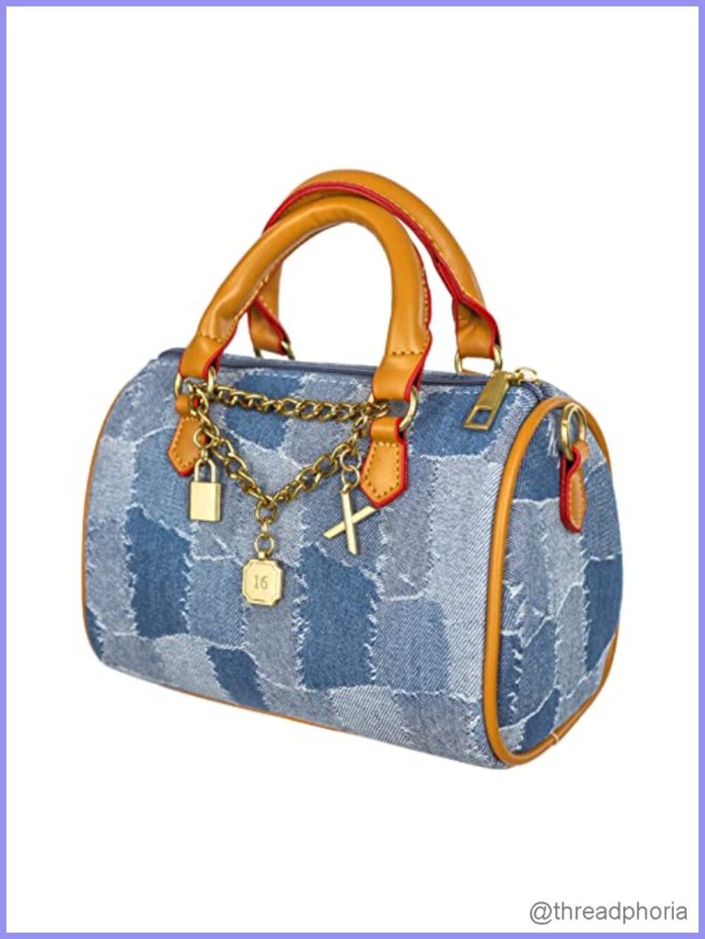Denim Checkered Satchel Handbag with PU Leather Top Handle & Crossbody Strap